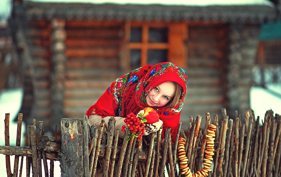 Sexy girl Women in Slavic costumes in Moscow