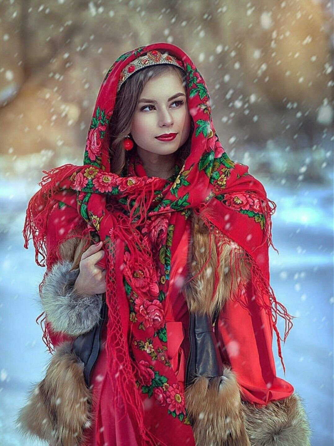 Beautiful girl Women in Slavic costumes in Moscow